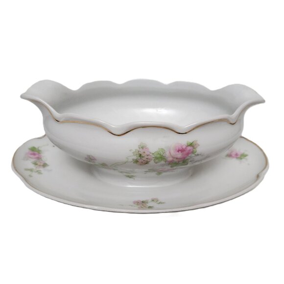 Austrian Carlsbad Handpaint Gold Leaf Gravy Boat  w/Attachd Underplate Antique - Picture 3 of 7